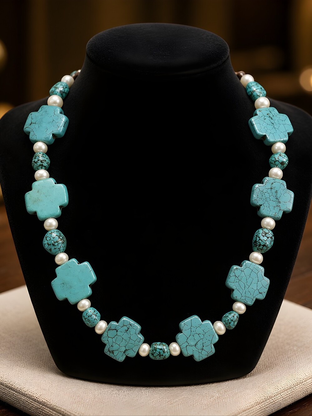 Dyed Howlight And Magnesite              Cross With Pearls Necklace